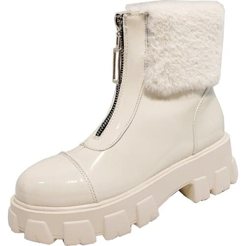 Warm Plush Winter Boots Chunky Sneakers PU Leather Ankle Boots Women Shoes Woman Zipper Thick Bottom Flat Platform Shoes Female