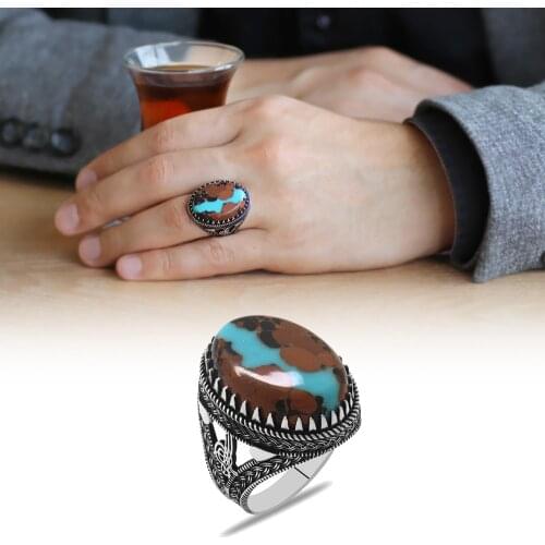 Tesbihane Tuğra Design Natural Arizona Turquoise Gemstone 925 Sterling Silver Men 'S Ring