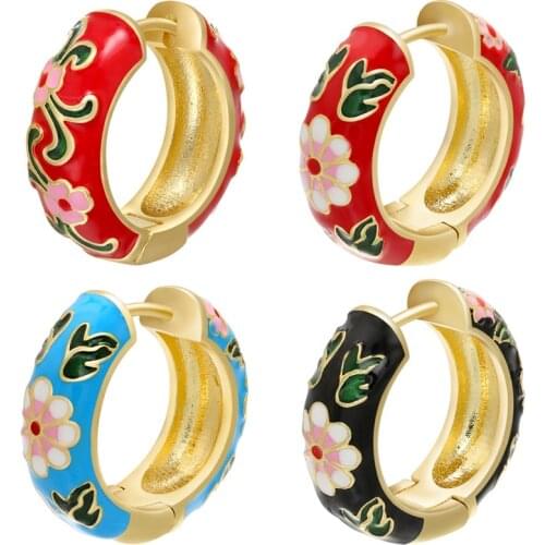 Vintage Enamel Flower Small Hoop Earrings Gold Color Copper Trendy Geometric Statement Round Circle Earring Fashion Jewelry