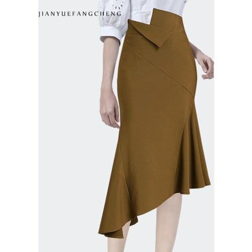 Women Coffee Mermaid Skirt Mid-Length 2021 Early Autumn New High Waist Sexy Wrapped Skirt Asymmetric Drape Office Ladies Bottoms