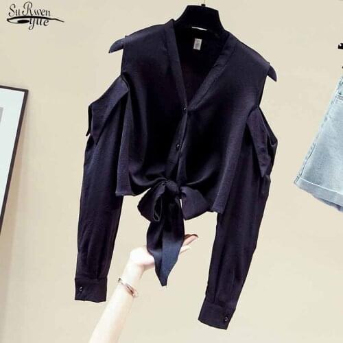 New Long Sleeve Chiffon Shirt Solid Black Off-shoulder Blouse Women Autumn Lace-up Waist Tops Bow Tie Cardigan Shirts 11593