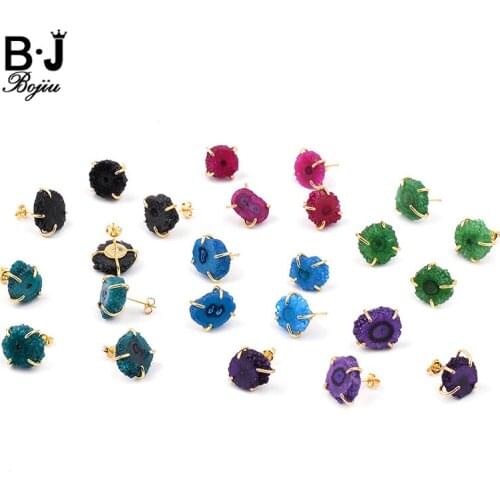 BOJIU 6 Color Round Natural Druzy Womens Stud Earrings Blue Green Purple Red Black Quartz Drusy Earrings Female Ear Studs EA059