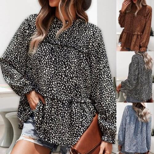 Womens Leopard Print Shirts Ruffle Neck Lantern Long Sleeve Blouse Casual Pullovers Chic Lady Blouse Stylish Femme Blusa Shirt