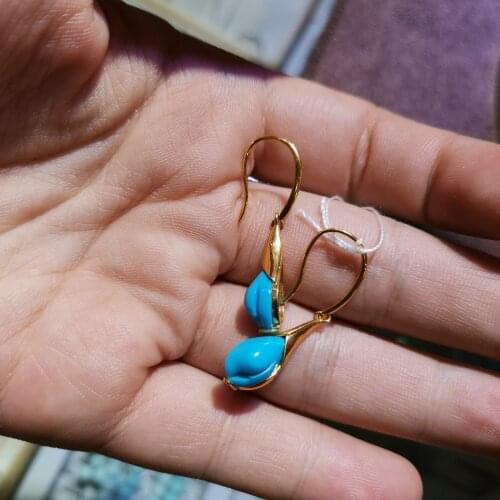 1pcs/lot Natural Blue Turquoise 18K Gold Inlaid Hook-Type Female Earrings Geometric Shape Round Ball Souvenirs Gifts Wholesale
