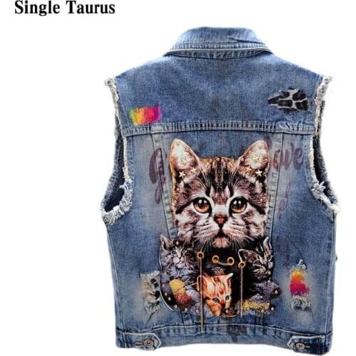 Cat Pattern Sleeveless Jeans Vest Women Preppy Causal Chaquetas Mujeres Trendy Fashion Streetwear Denim Blue Colete Feminino