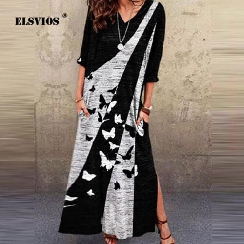Fashion Stitched Half-Sleeve Slit Dress 2021 Spring Summer New Contrast Print Butterfly Long Robe Women Casual V-Neck Streetwear