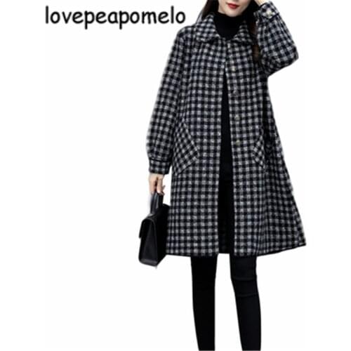 2020 Autumn Winter Womens Woolen Coats Fashion Plus Size Female Long Coats Plaid Loose Ladies Overcoat Pockets Long Jackets D19