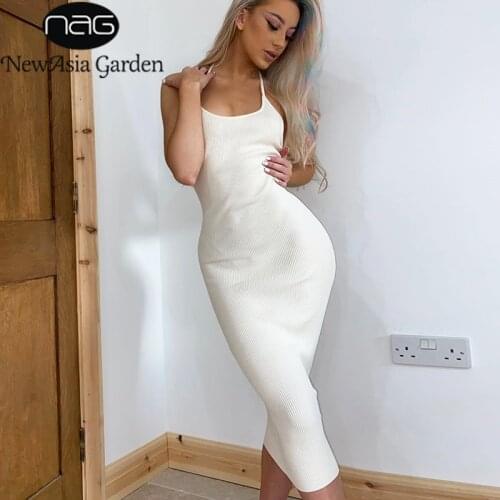 NewAsia Sexy Slip Dress Ribbed Knitted Solid Color Backless Halter Slim Fit Long Dresses for Women Party Fashion White Vestidos