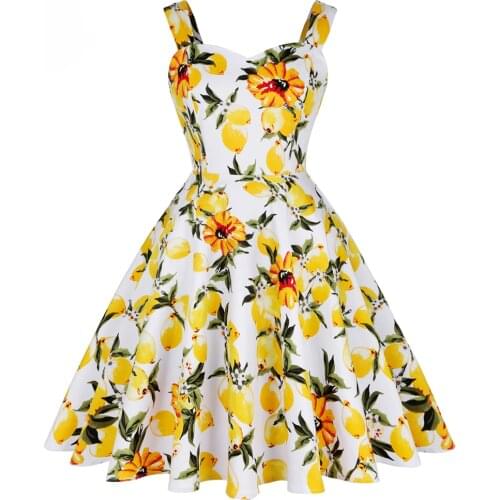 2021 New Lemon Print Women Summer Dress SD0006 A Line Swing Floral Print Elegant White Yellow Retro Vintage Dresses