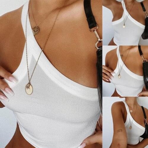 066C Women Sexy Oblique Collar Tank Top Cutout One Shoulder Ribbed Backless Camisole