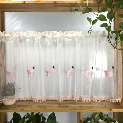 1 PC Rod Pocket Short Curtain Valance Tier For Cafe Kitchen Bookshelf Hotel Cute Swan Embroidery Small Roman Curtain m062C