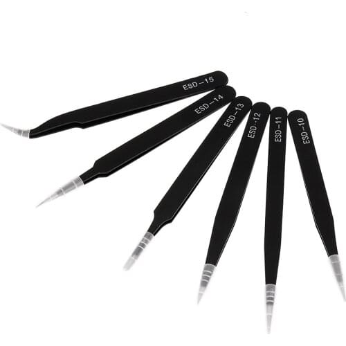 6Pcs Anti-static ESD Stainless Steel Tweezers Maintenance Tools Industrial Precision Curved Straight Tweezers Repair Tools