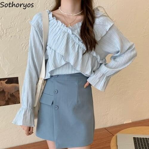 Blouses Women Ruffles Flare Sleeve Elegant Solid Spliced V-neck Tops Lovely All-match Streetwear Retro Leisure Ulzzang Womens