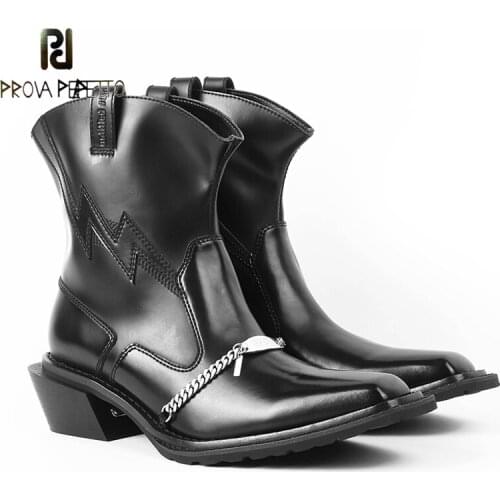 British Retro Metal Chain Boots Pointed Toe Leather Thick Heel Ankle Boots Autumn and Winter New Solid Color Chelsea Boots