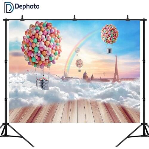 DePhoto Photography Background Balloons Rainbow Blue Sky Newborn Birthday Party Children Customized Backdrop for Photo Studio