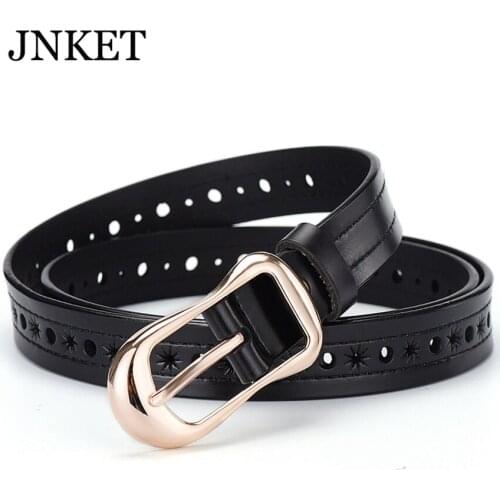 JNKET New Womens Dermis Hollowed-out Belt Pure Cowhide Embossed Jeans Pin Buckle Waist Belt Student Retro Belt