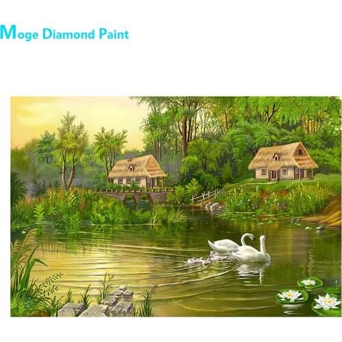 Country Field Lakeside Swan Diamond Painting Scenic Round Full Drill Nouveaute DIY Mosaic Embroidery 5D Cross Stitch Home Decor