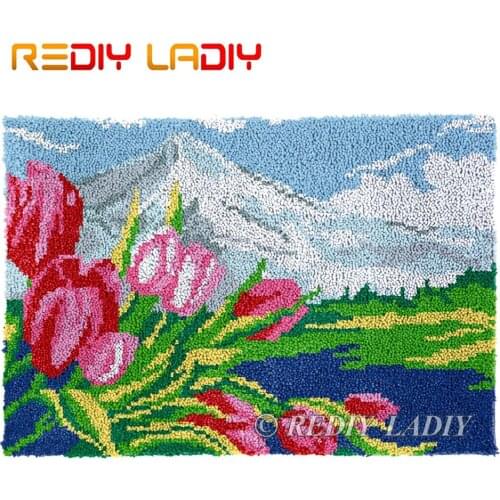 Latch Hook Rug Chunky Yarn Tapestry Kits DIY Carpet Rug Tulip Flowers Knitted Floor Mat Crochet Cushion Arts & Crafts 85*58cm