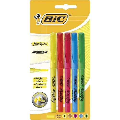 BIC Marking Highlighter, Fluorescent Pens - Assorted Colours, Pack of 5 Blister, Water Based Ink