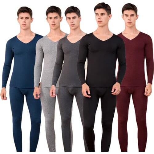 Men Winter Cotton Trackless Thermal Undershirts Cationic Invisible V-collar Long Johns Suits Seamless Underwear