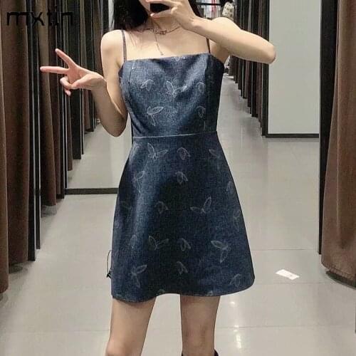 MXTIN 2021 Women Summer Fashion Denim Print Mini Dress Vintage Square Collar Backless Tin Tie Straps Female Party Slim Dresses