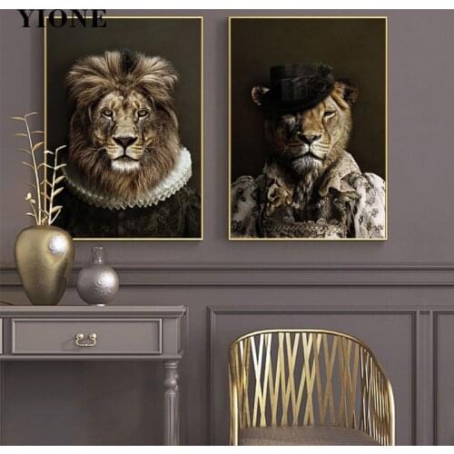 Retro Noble Animals Canvas Paintings Custom Tiger Zebra Lion King and Queen Posters and Prints Wall Art Pictures for Living Room