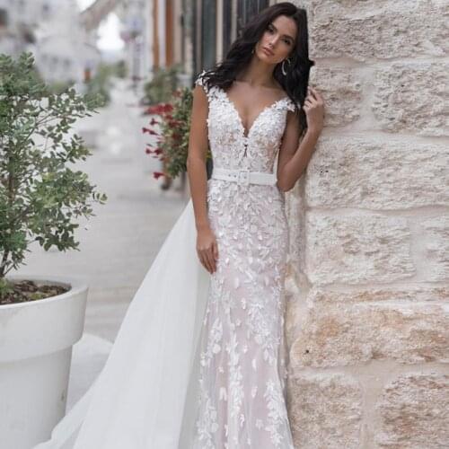 Luxury Mermaid Wedding Dresses Sleeveless Belt Design Detachable Train 2 In 1 Lace Decals Wedding Gowns Tailor-made