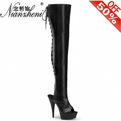 Lace Up Open Toe Patent leatherKnee high boots 15cm High heeled shoes Thick platform Sexy Fetish Trend Baking paint 6 inches Hot