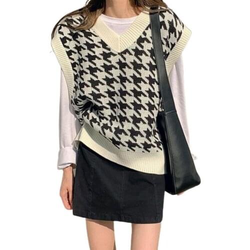 Loose Houndstooth Plaid Sweater Vest Women Autumn V-Neck Sleeveless Vest Female Pullover Waistcoat Tops Blusa De Frio Feminina