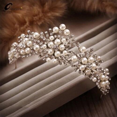 New Fashion Pearl Crown Crystal Tiara Flower Rhinestone Hair Tiaras And Crowns For Wedding Hair Accessories Women Headpiece