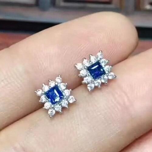 Natural sapphire stone stud earrings 925 silver Natural blue gemstone earring women fine square stud earrings jewelry for party