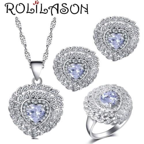 ROLILASON Heart-shaped design for women white zircon silver Earrings Necklace Rings Jewelry Sets USA size #6#7#8#9#10 JS725