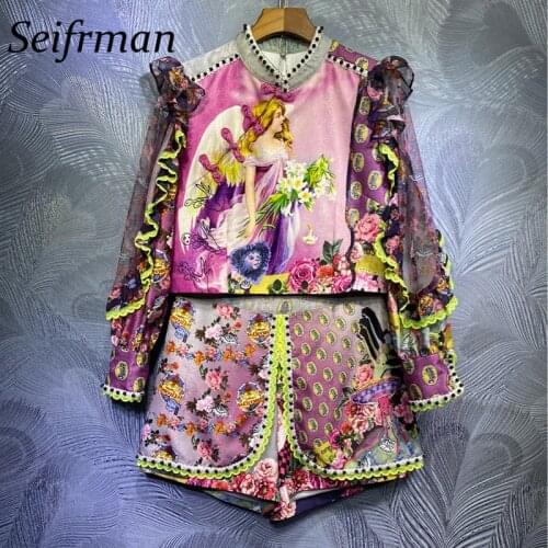 Seifrmann Summer Women Fashion Designer Shorts Set Ruffles Print Short Tops+Beading Lace High Waist Shorts 2 Two Pieces Suits