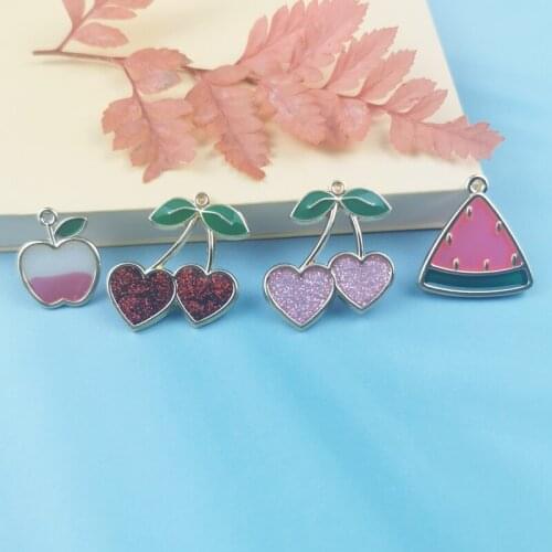 10pcs Enamel Cherry Charm Fruit Apple Watermelon Jewelry Accessories Earring Pendant Bracelet Necklace Charms Alloy Diy Finding