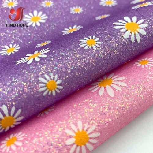20*30CM Glow in the Dark Daisy Printed Fine Glitter Synthetic Leather Sheet Fabric For DIY Brooch Bows Earring Handmade Material
