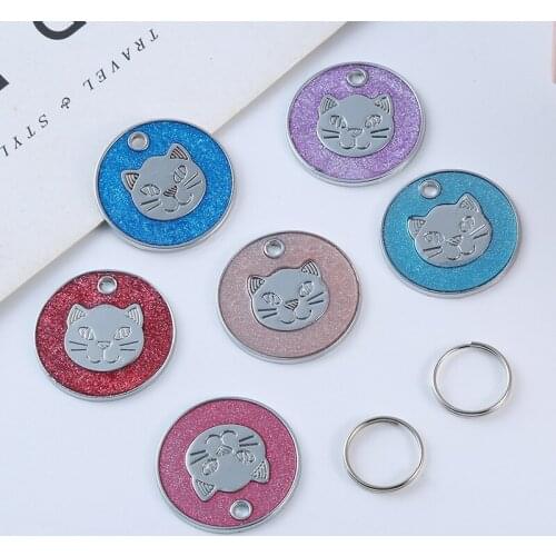 Dog Tags Engraved Cat Puppy Pet ID Name Dog Collar Tag Pendant Pet Accessories Cat Face Glitter Random Color