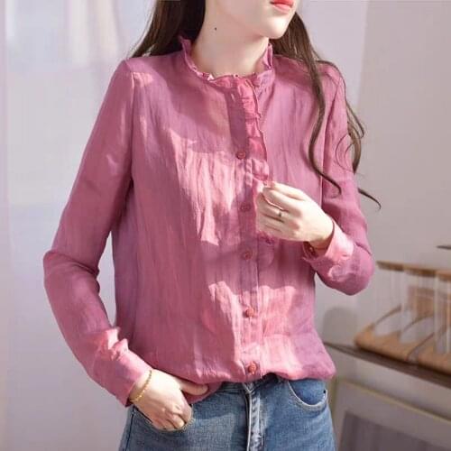 Spring Fall Casual Women Sweet Ladies Ruffled Collar Full Sleeve Linen Top Blouse , Womens Single Breasted Blouses , Woman Tops