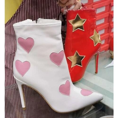 Sexy Lady Patched Pentagram Star Pink Heart Ankle Boots Gladiator Thin High Party Boots Woman Patent Leather Motorcycle Boots