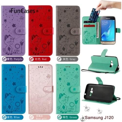 Smart Phone Cases For cellular Samsung J120 Cat And Bee Cover PU Leather Wallet Book Pouch sFor Galaxy telefon J1 2016 Portable