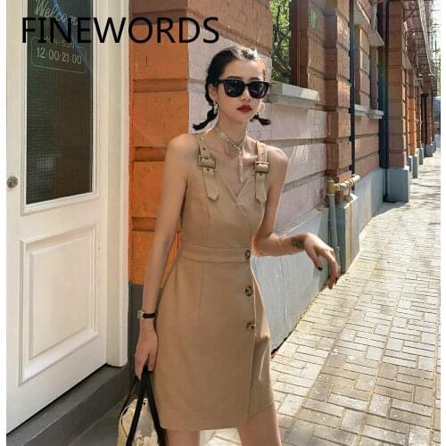FINEWORDS 2020 Korean Streetwear Spaghetti Strap Sexy Dress Khaki Summer Vintage Mini Dress Retro Slim Dresses Woman Party Night