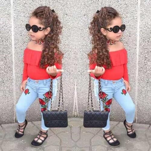 Infant toddler clothing sets off-shoulder red t-shirt leggings jean pants with embroidery rose flower baby girls kid clothes set