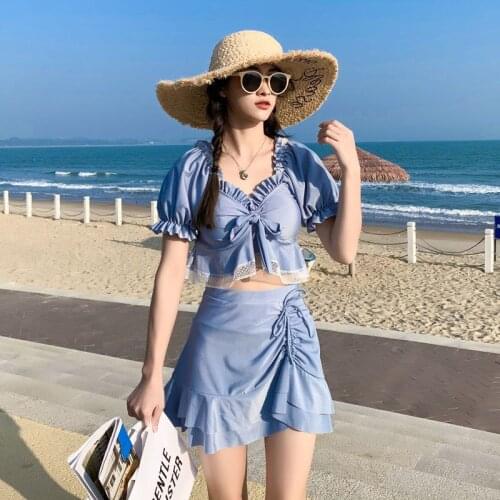 Swimsuit Women Skirt Split Conservative Cover Belly Slimming Students Fresh Girls Breasts Gathered Hot Spring Beach Ins Swimwear