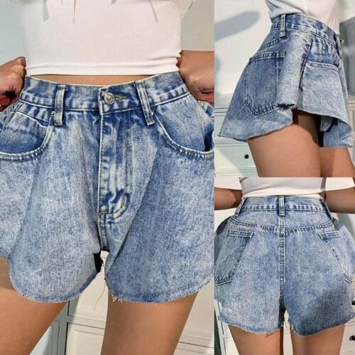Kili Summer Sexy Female Short Jeans Irregular Wide Leg Pockets Zipper Jeans High Waist Shorts