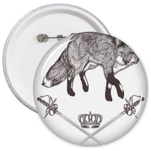 Fox Sword Crown Animal Black White Baroque Style Round Pins Badge Button Clothing Decoration Gift 5pcs