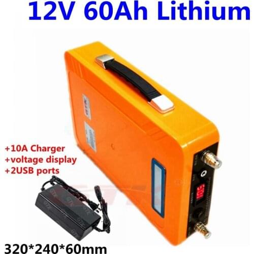 12V 60AH li-ion lithium battery with USB Handle Voltage display for 12V digital product Led Strips camping light auto start