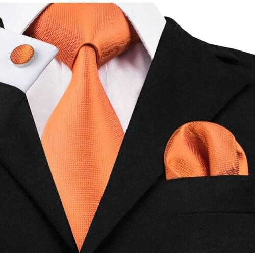 Fashion Men Ties Orange Solid Tie Hanky Cufflinks Silk Jacquard Neckties Ties For Men Formal Business Wedding Party C-266