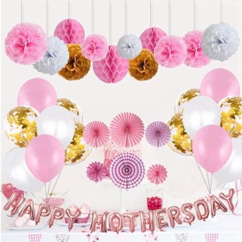Happy Mothers Day Set Mom Birthday Party Paper Fan Honeycomb Ball Rose Gold Letter Foil Latex Balloon Decoration Suit Supplies