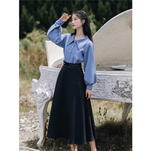 2019 new fashion womens two piece set retro blouse shirt+ skirt