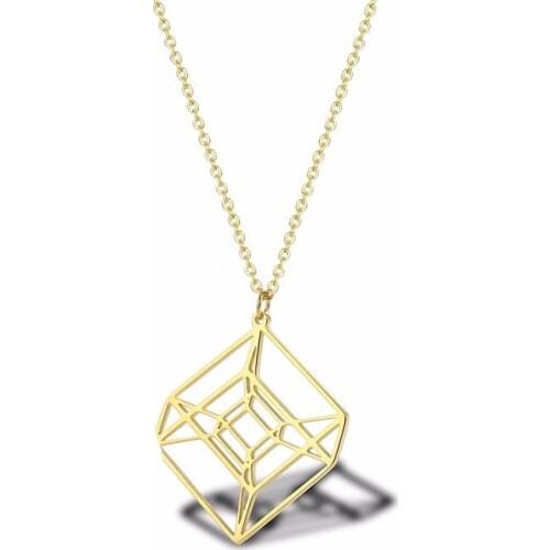 RIR Stainless Steel Golden Hollow Hypercube Necklaces Creative Design Geometry Shape Math Jewellery Necklace Gifts