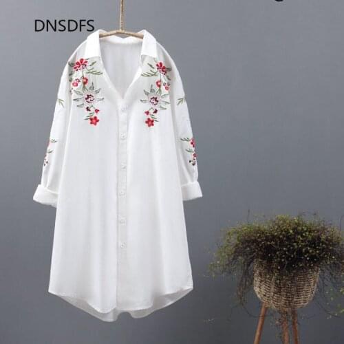Pure Cotton Shirts Oversize Women Blouse Casual White Top Japanese Flower Embroidery Shirt Leisure Loose Mid-Long Blouses Blusas